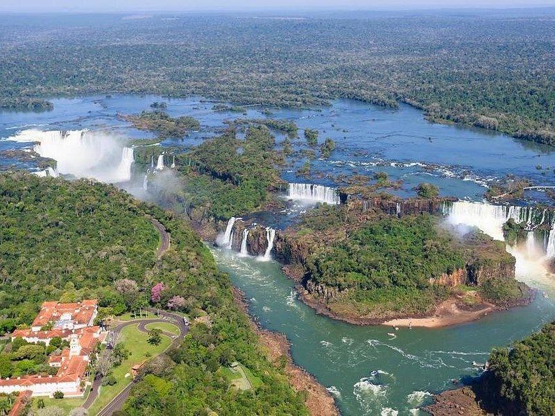 The falls, the river and the forest from the air
