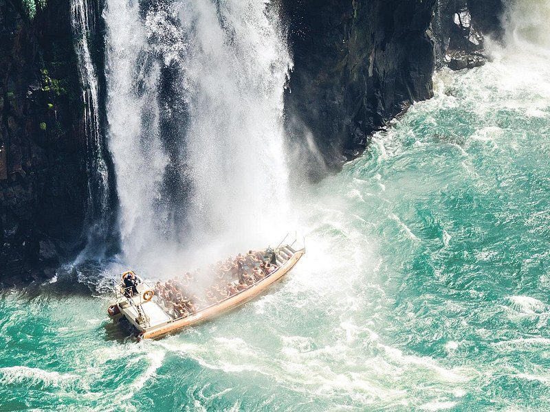 A boat working up the rapids of the lower Iguazu River