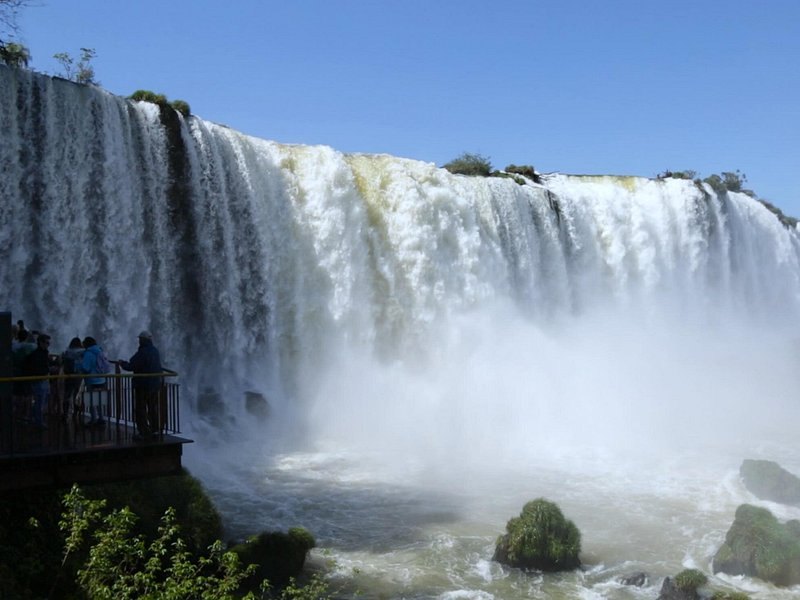 A viewing platform at the foot of one of the wider falls